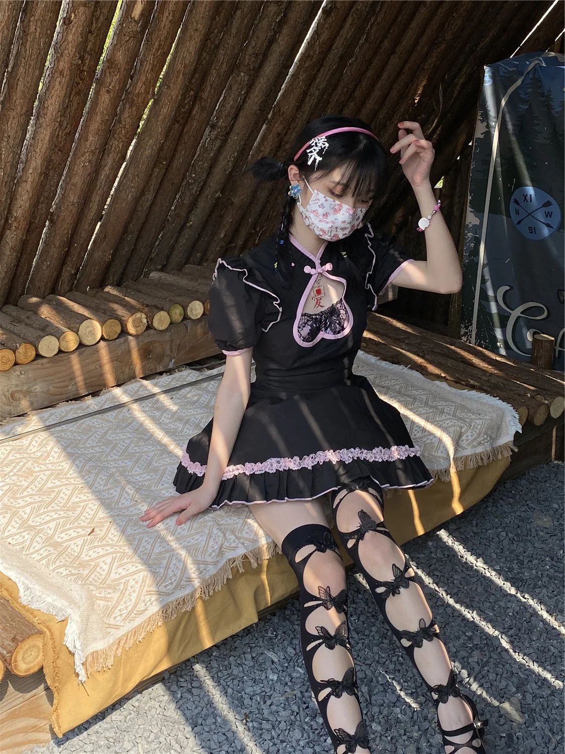 Pretty Hollow Butterfly White Black Hot Pink Thigh High Stockings - Image 8