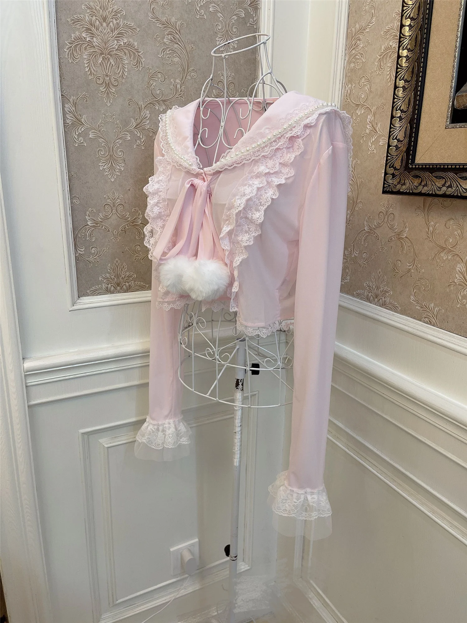 Sweetheart Princess Vintage Coquette Pastel Lace Bow Pink Cardigan Sweater - Image 5