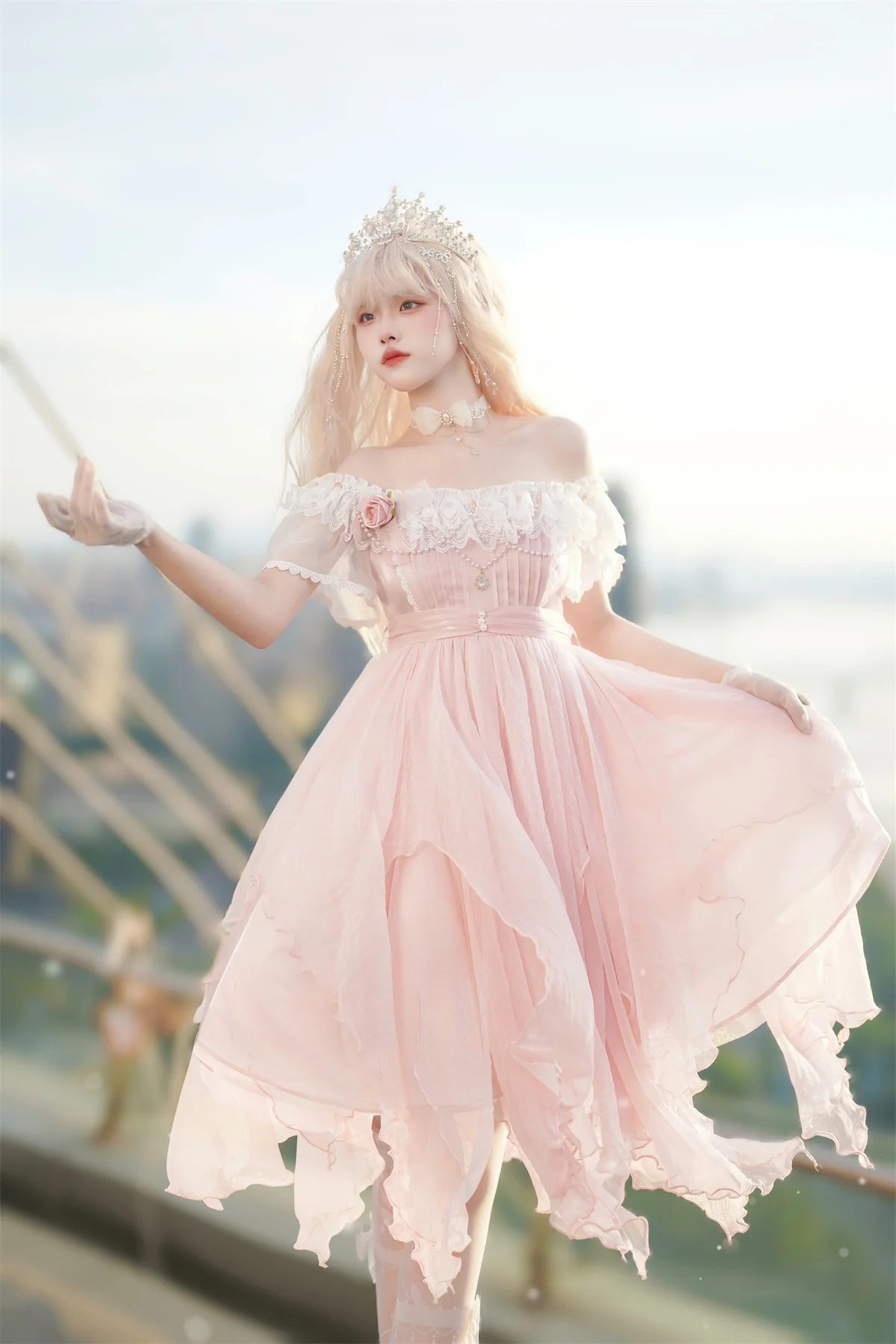 Fairytale Ruffled Tulle Pearl Rose Lace Soft Sweet Pink Dress