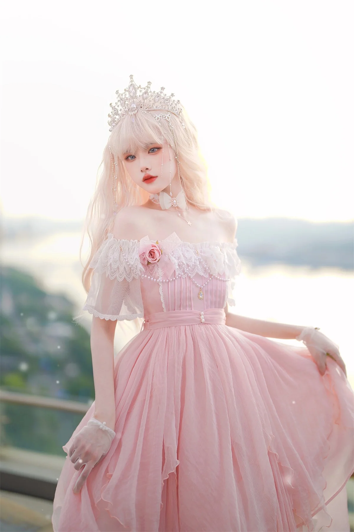 Fairytale Ruffled Tulle Pearl Rose Lace Soft Sweet Pink Dress - Image 3