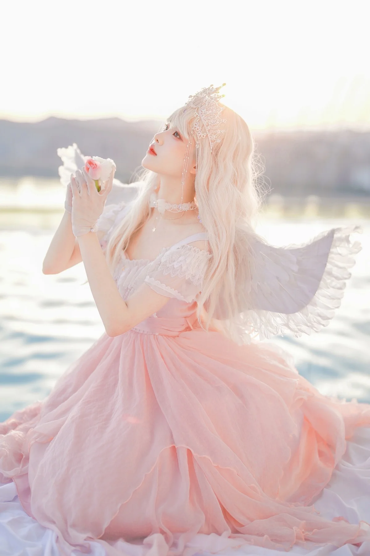 Fairytale Ruffled Tulle Pearl Rose Lace Soft Sweet Pink Dress - Image 4