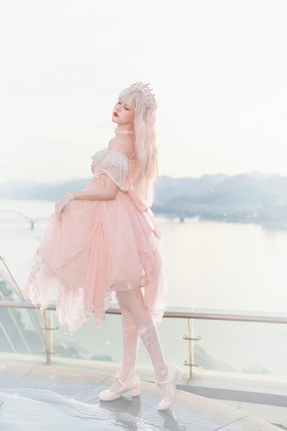 Fairytale Ruffled Tulle Pearl Rose Lace Soft Sweet Pink Dress - Image 5