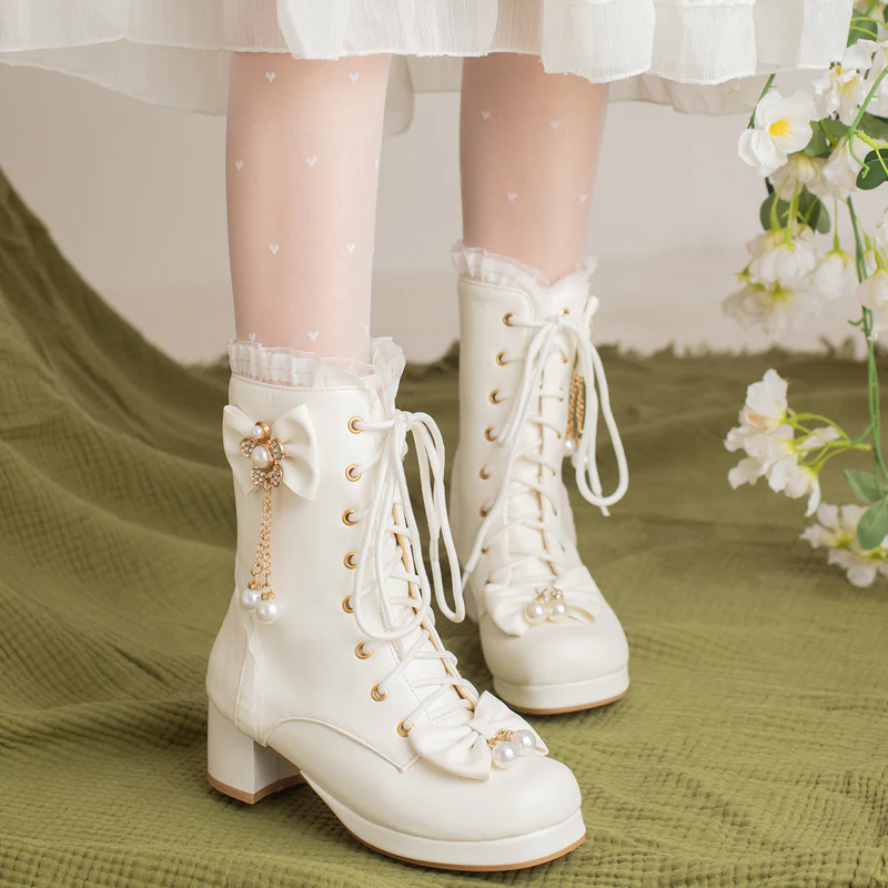 Princess Gold Diamond Chains Bow Black White Pink High Heels Shoes Boots - Image 3