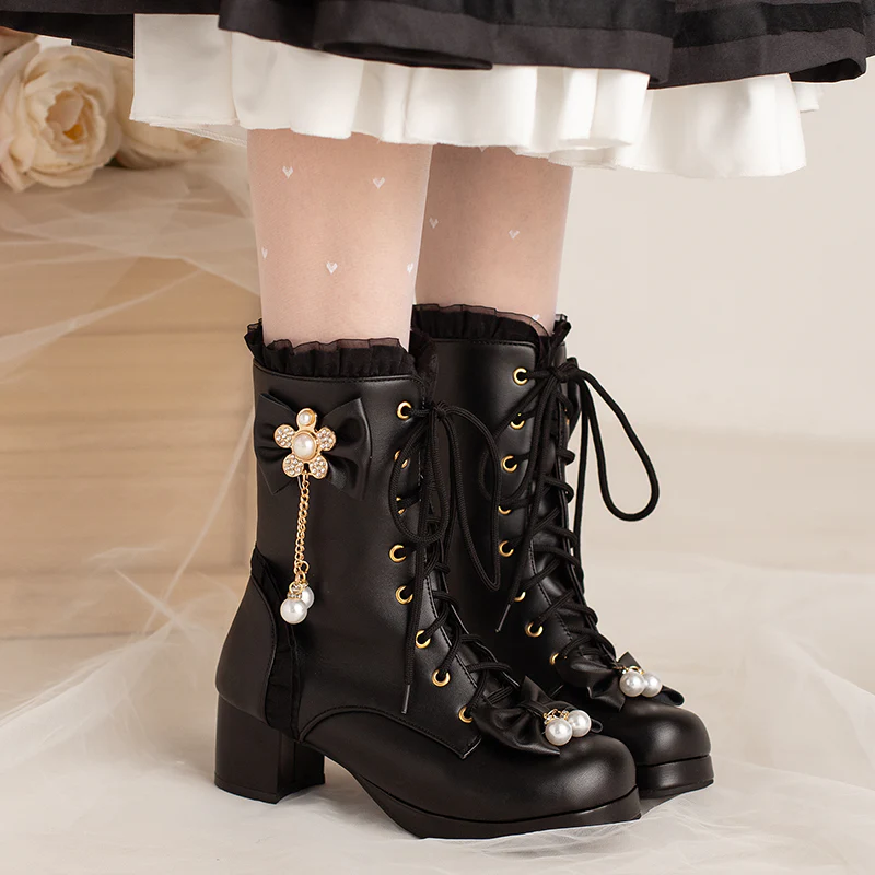 Princess Gold Diamond Chains Bow Black White Pink High Heels Shoes Boots - Image 4