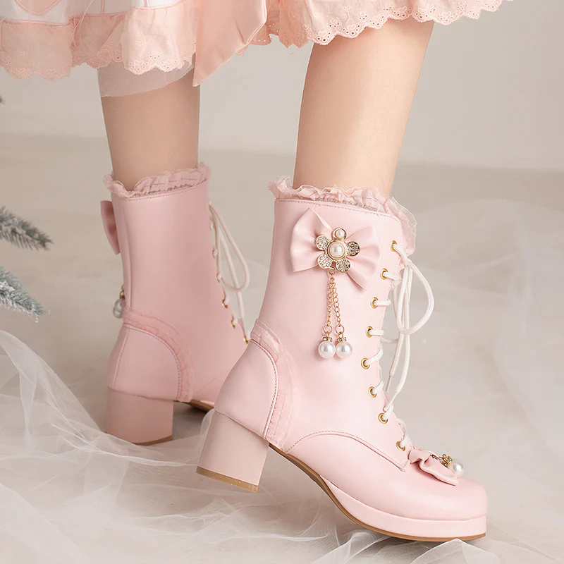 Princess Gold Diamond Chains Bow Black White Pink High Heels Shoes Boots - Image 6