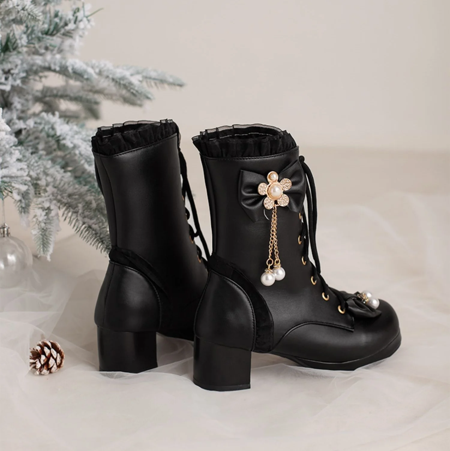 Princess Gold Diamond Chains Bow Black White Pink High Heels Shoes Boots - Image 8