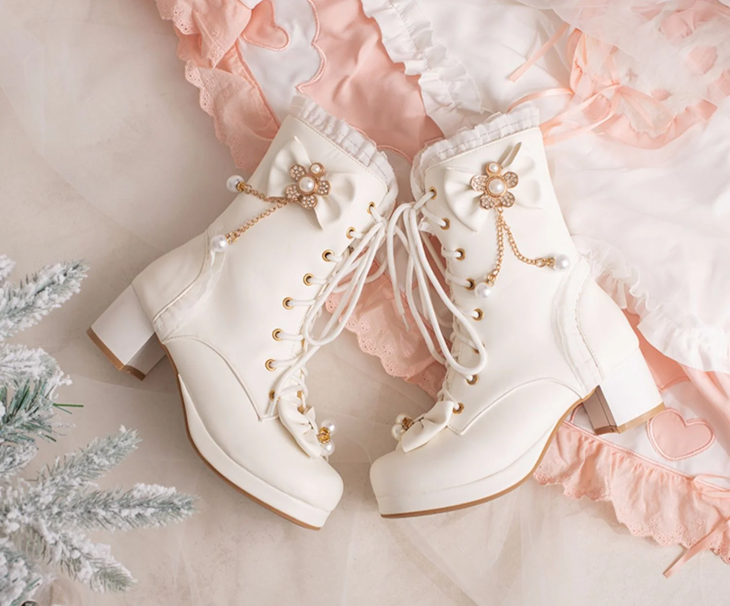 Princess Gold Diamond Chains Bow Black White Pink High Heels Shoes Boots - Image 9