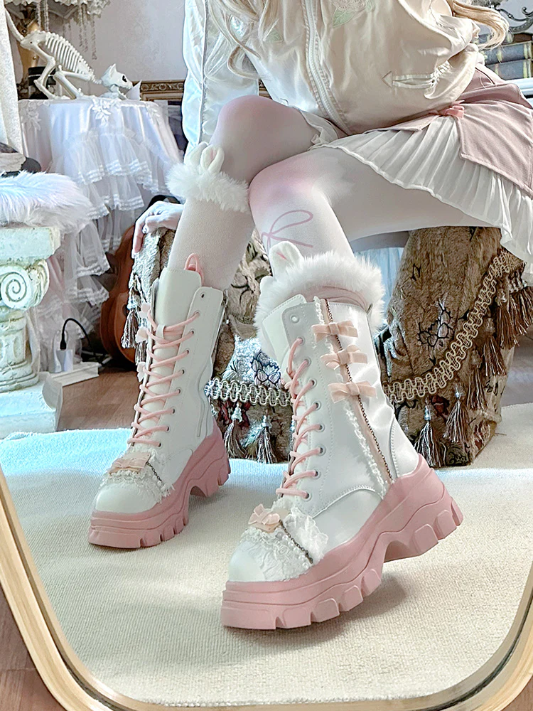 Pinky Princess Pink Bow Lace Coquette Winter White High Boots Shoes - Image 5