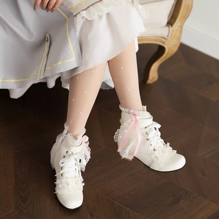 Princess Ribbon Lace Pink Black White Winter Zip Up Little High Heels Boots - Image 10