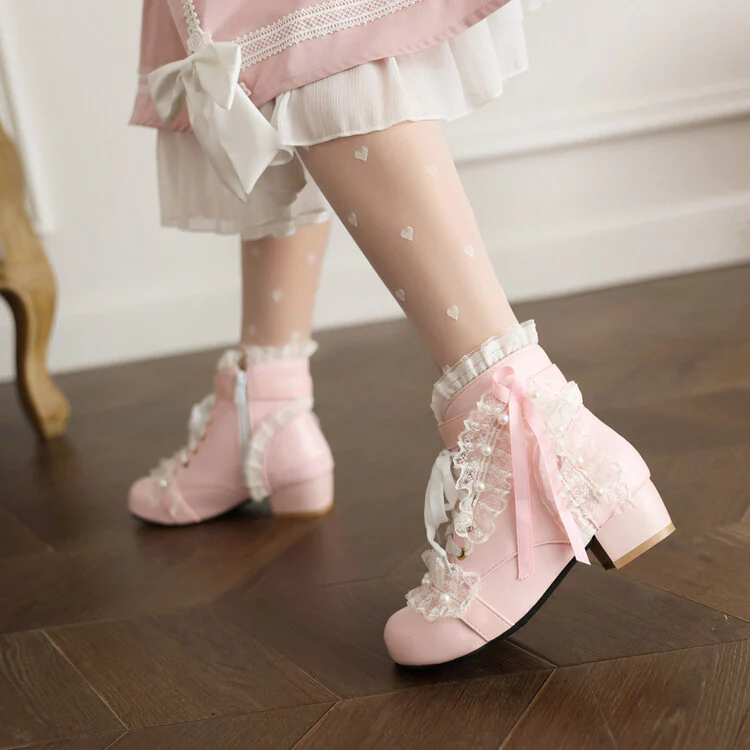 Princess Ribbon Lace Pink Black White Winter Zip Up Little High Heels Boots - Image 11