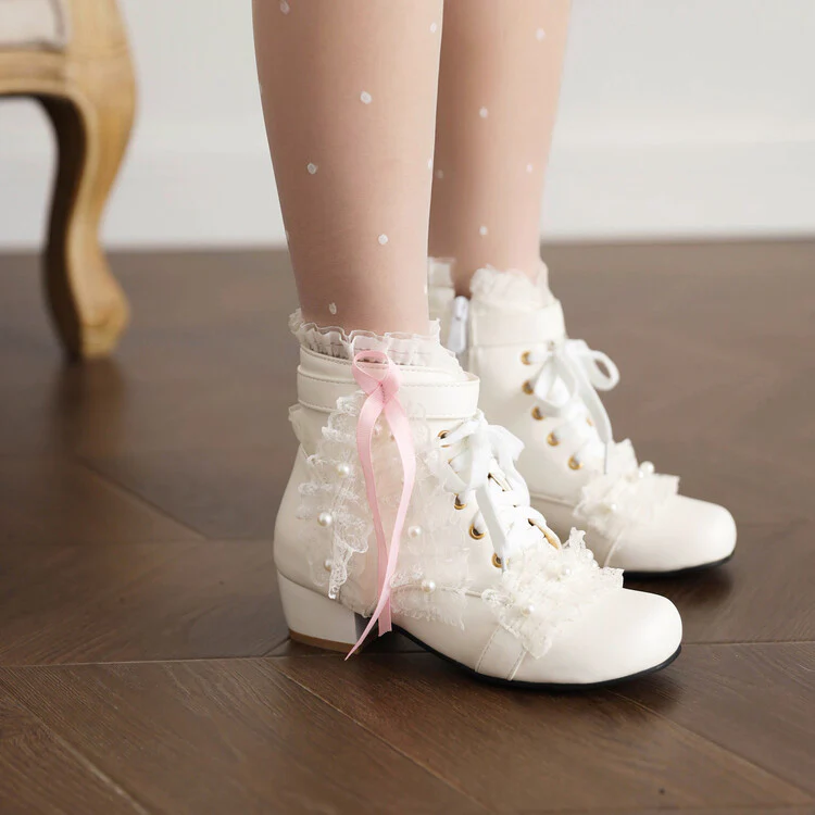 Princess Ribbon Lace Pink Black White Winter Zip Up Little High Heels Boots - Image 3