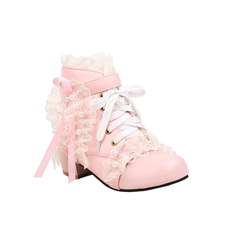 Princess Ribbon Lace Pink Black White Winter Zip Up Little High Heels Boots - Image 4