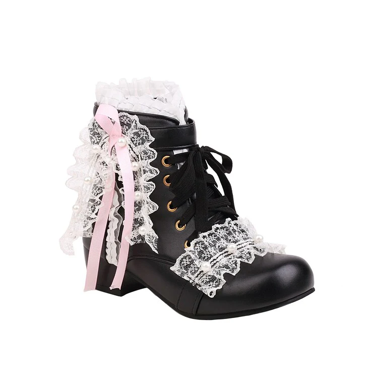 Princess Ribbon Lace Pink Black White Winter Zip Up Little High Heels Boots - Image 5