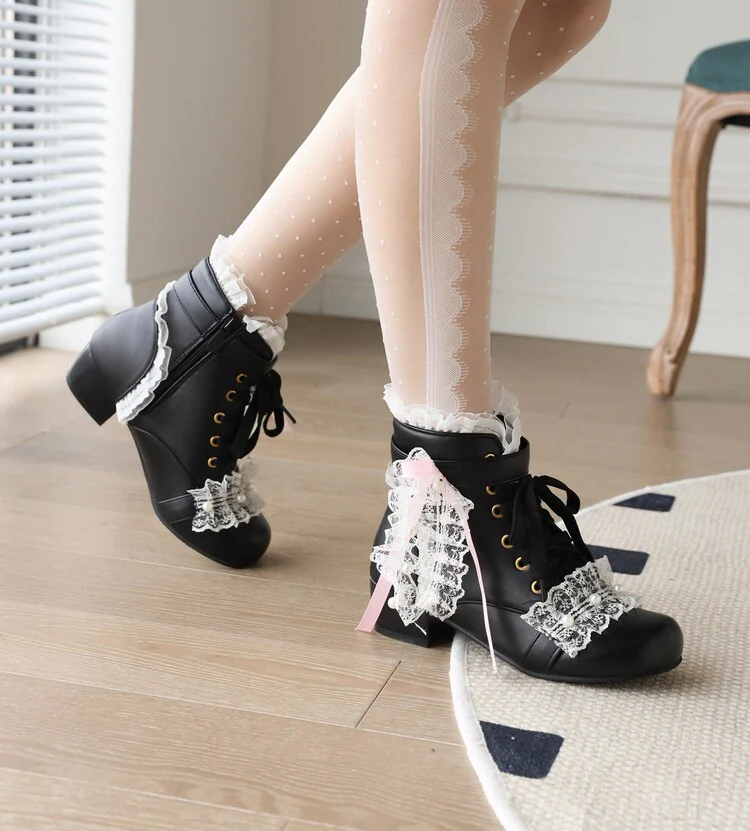 Princess Ribbon Lace Pink Black White Winter Zip Up Little High Heels Boots - Image 9