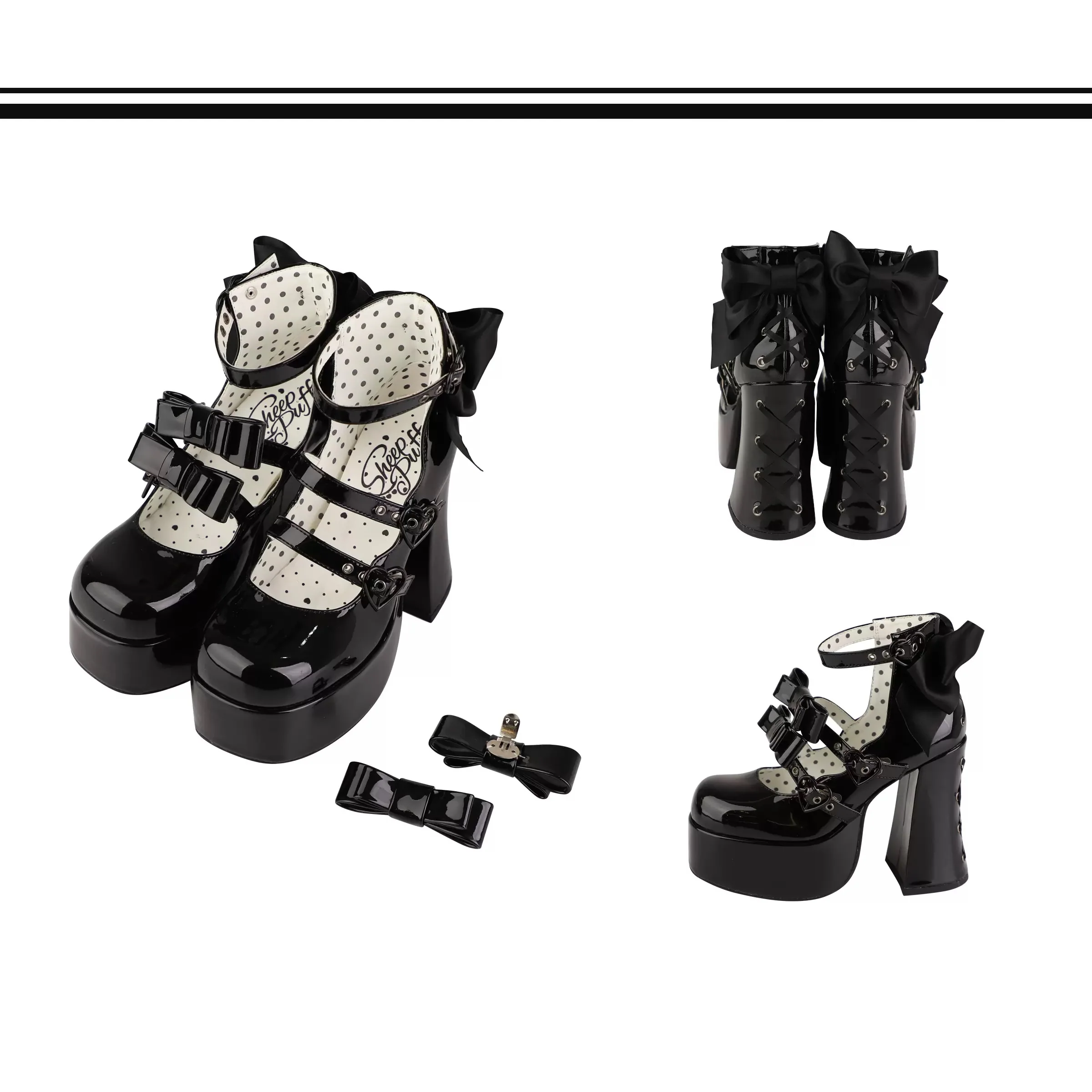 Puffy Sheep Heart Cross Bow Classic Platform Bow High Heels Shoes - Image 12