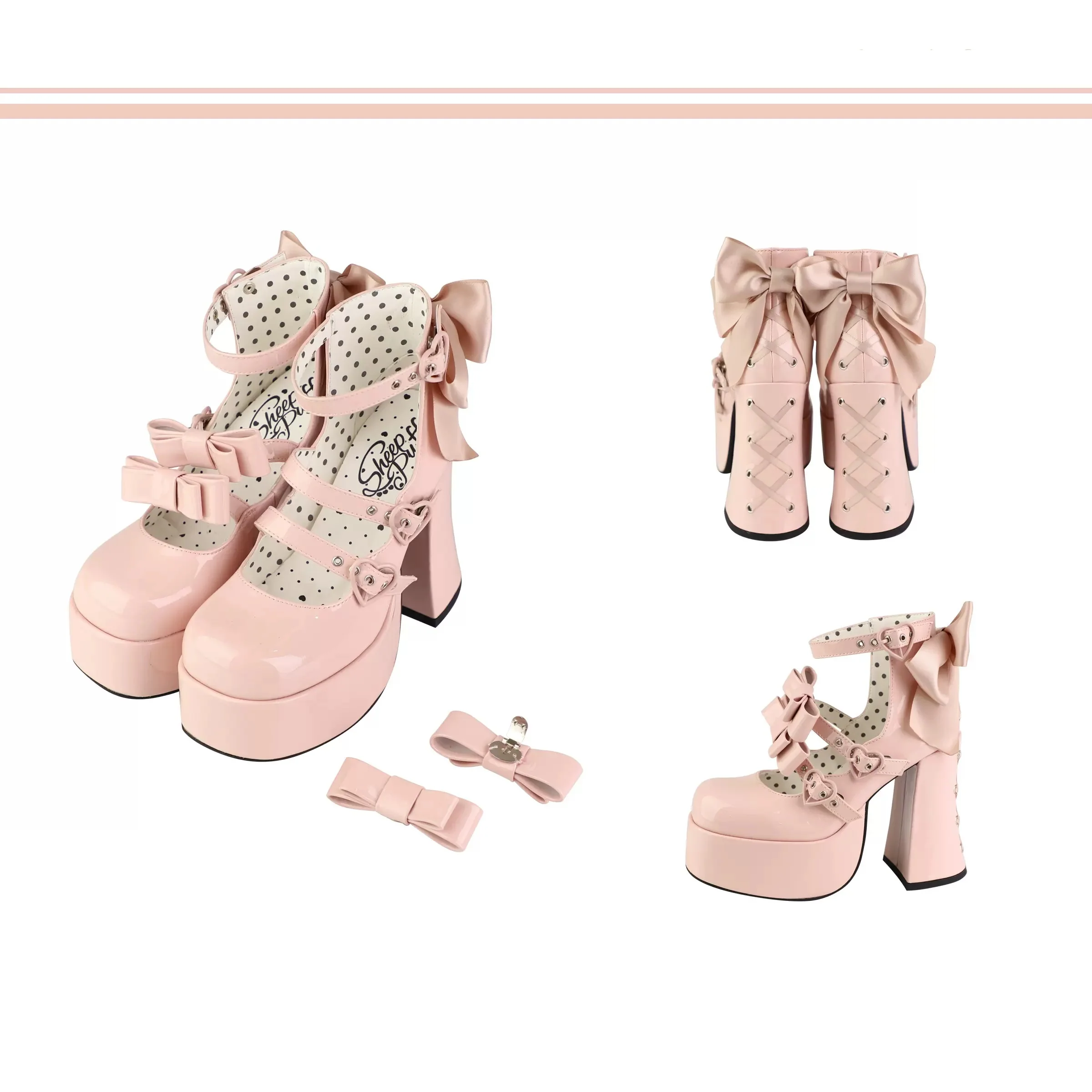 Puffy Sheep Heart Cross Bow Classic Platform Bow High Heels Shoes - Image 15