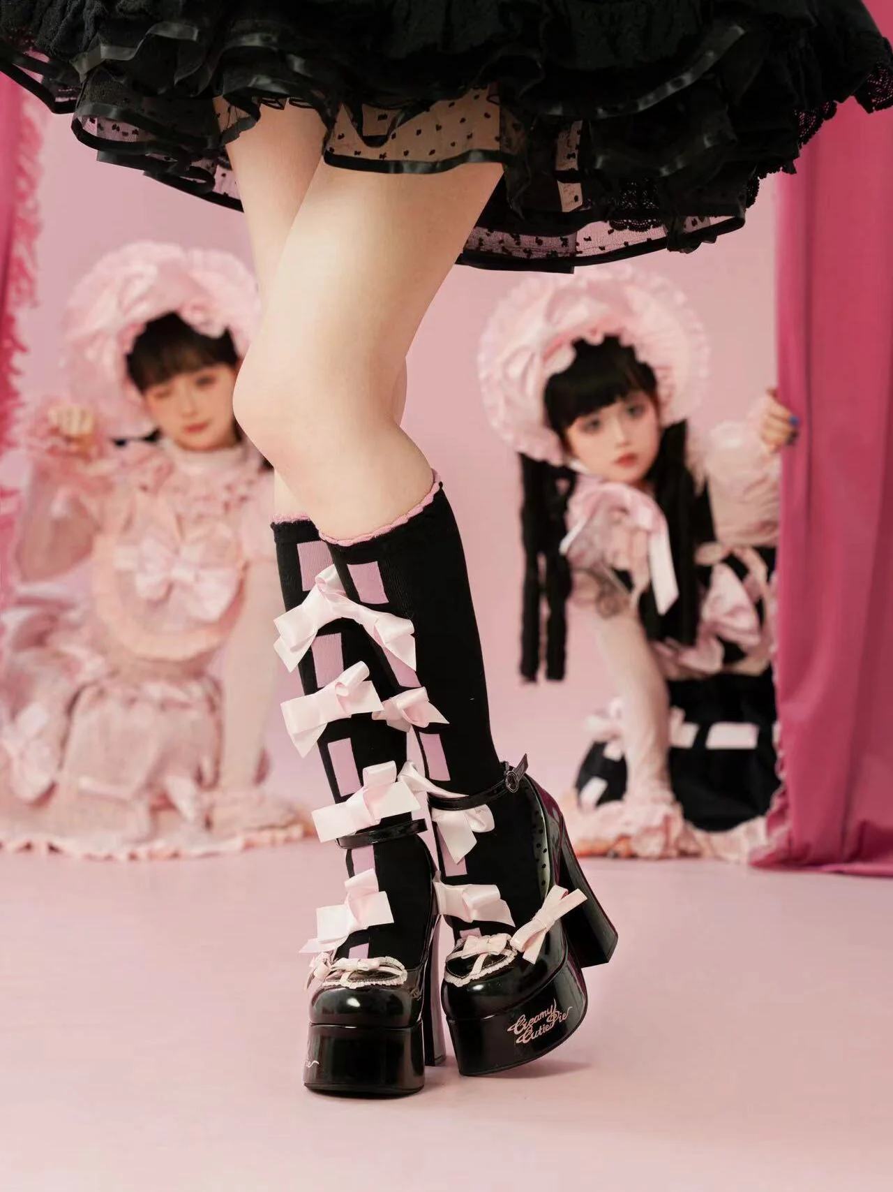 Puffy Sheep Sweet Box Platform Pink Black High Heels Shoes - Image 7