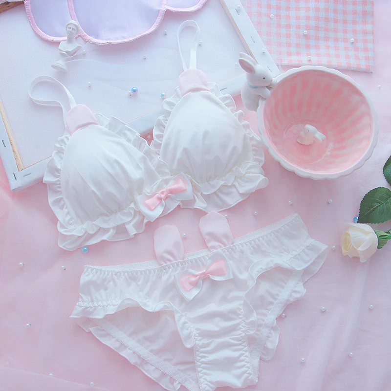 Rabbit Bunny Bow Lace Girl Sweet White Pink Lingerie Set - Image 3