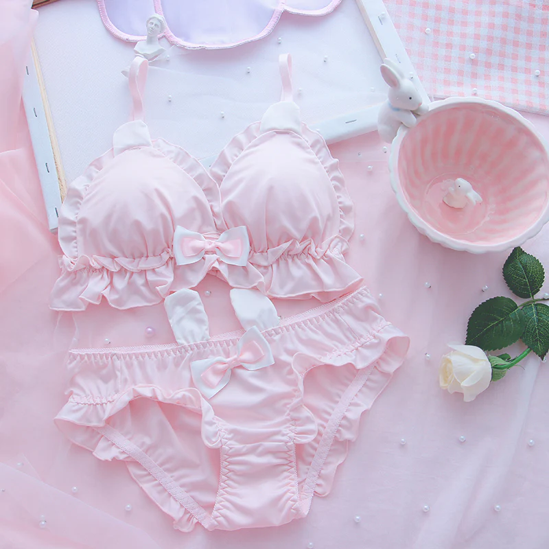 Rabbit Bunny Bow Lace Girl Sweet White Pink Lingerie Set - Image 4