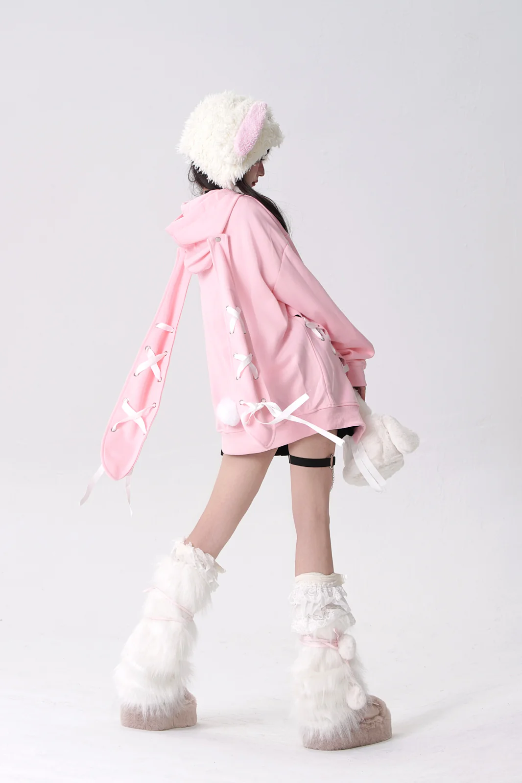 Young Eyes Rabbit Ears Detachable Ribbon Zippered Sweatshirt Hoodie - Image 10