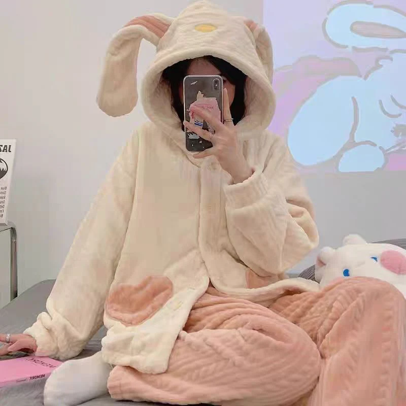 Rabbit Ears White Pink Winter Top & Pants Pajamas Sleepwear Set