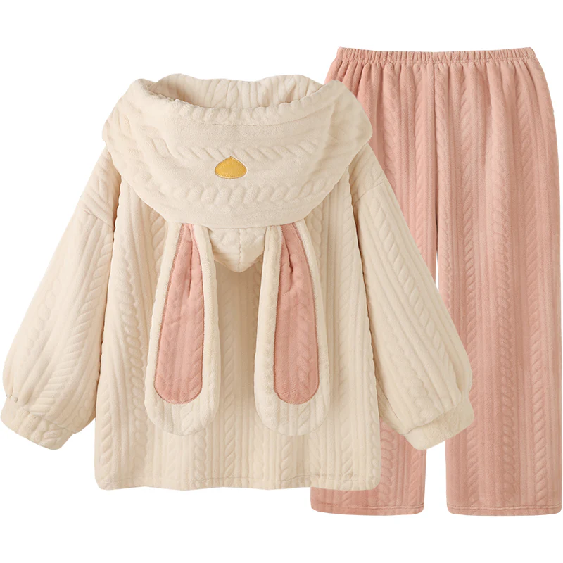 Rabbit Ears White Pink Winter Top & Pants Pajamas Sleepwear Set - Image 2