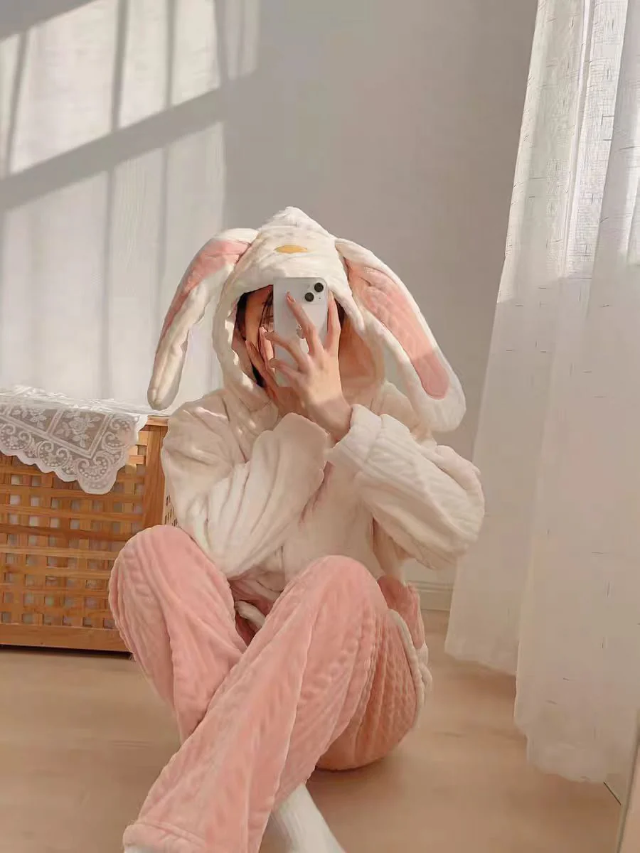 Rabbit Ears White Pink Winter Top & Pants Pajamas Sleepwear Set - Image 3
