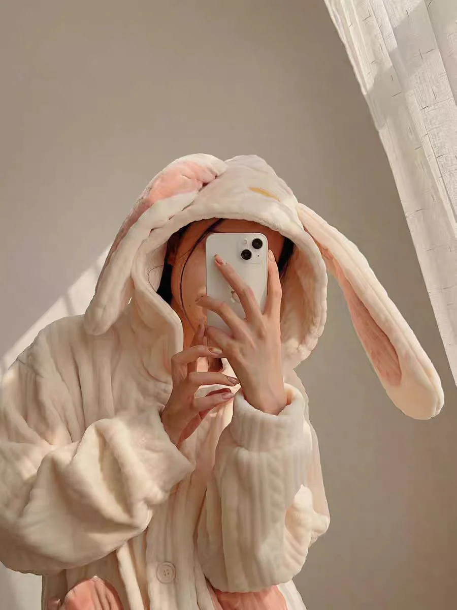 Rabbit Ears White Pink Winter Top & Pants Pajamas Sleepwear Set - Image 4