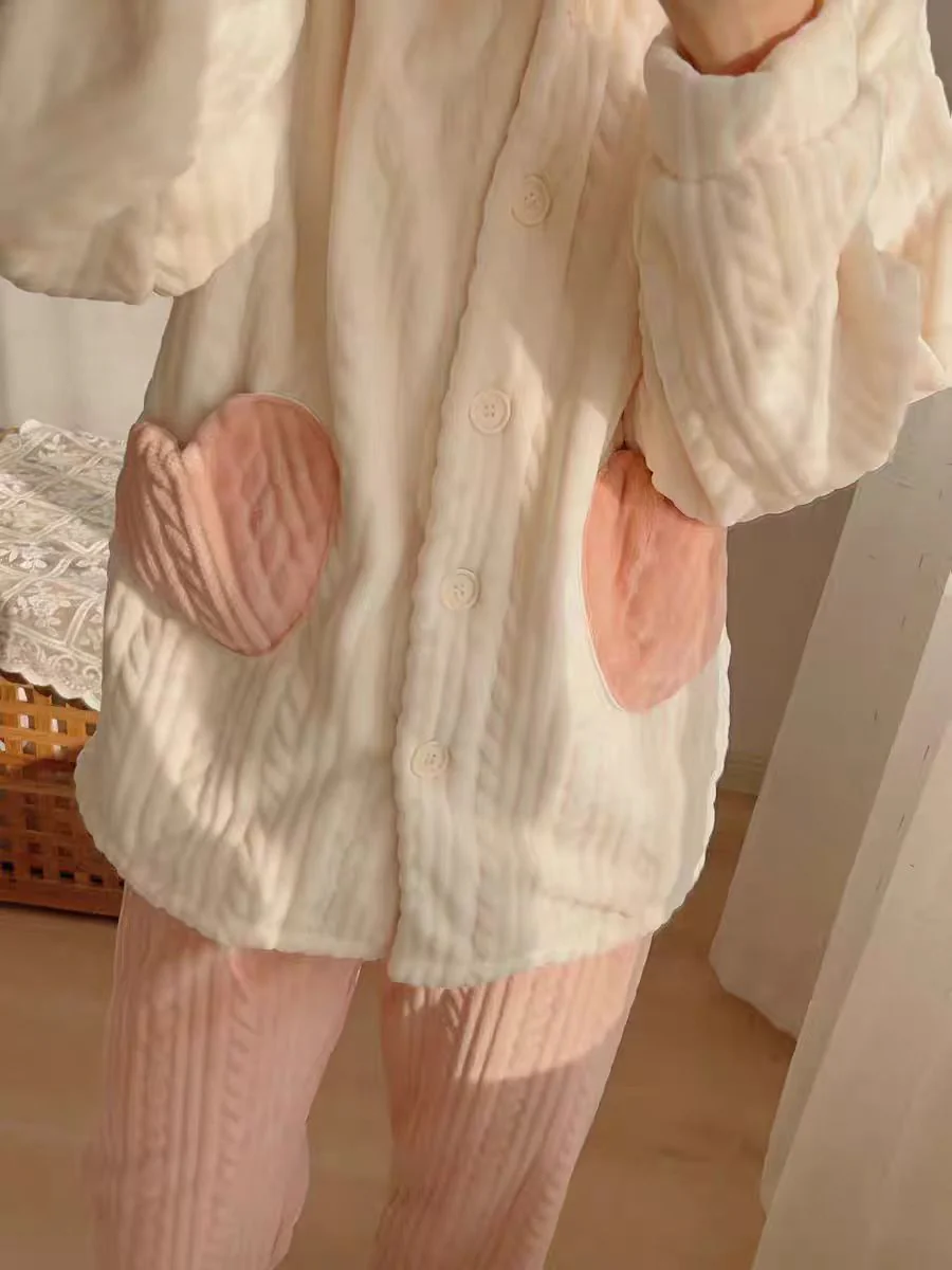 Rabbit Ears White Pink Winter Top & Pants Pajamas Sleepwear Set - Image 5