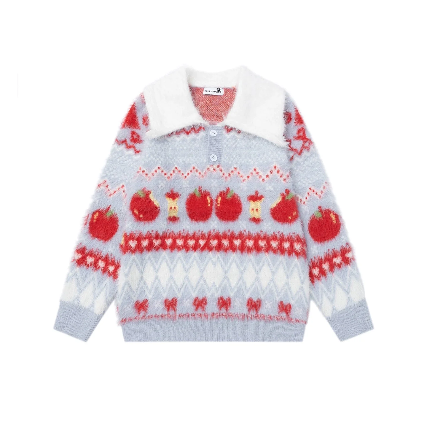Young Eyes Red Apple Purple Pink Collar Fuzzy Sweater - Image 7