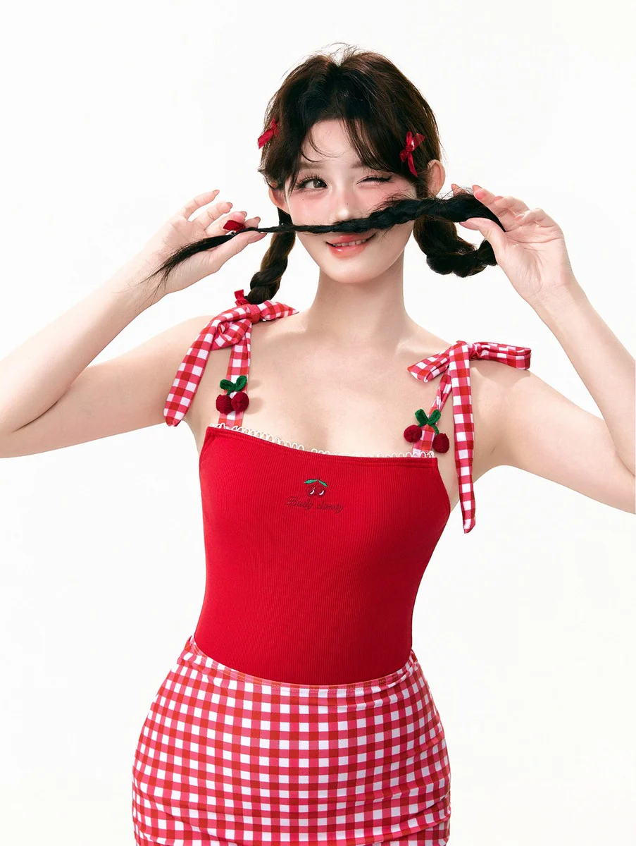 Red Cherry One Piece Skirt Swimsuit - Image 5