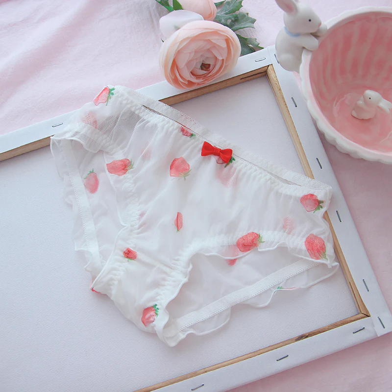 Red Strawberry Pattern White Panties Underwear Lingerie - Image 5