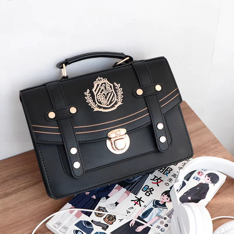 Retro Vintage Student Brown Black Leather Golden Button Crest Academia School College Briefcase Bag - Image 10