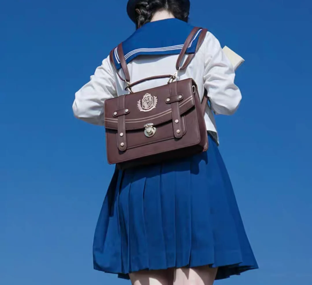 Retro Vintage Student Brown Black Leather Golden Button Crest Academia School College Briefcase Bag - Image 2