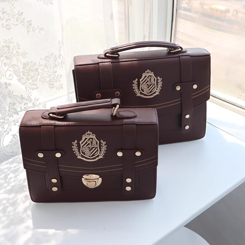 Retro Vintage Student Brown Black Leather Golden Button Crest Academia School College Briefcase Bag - Image 4