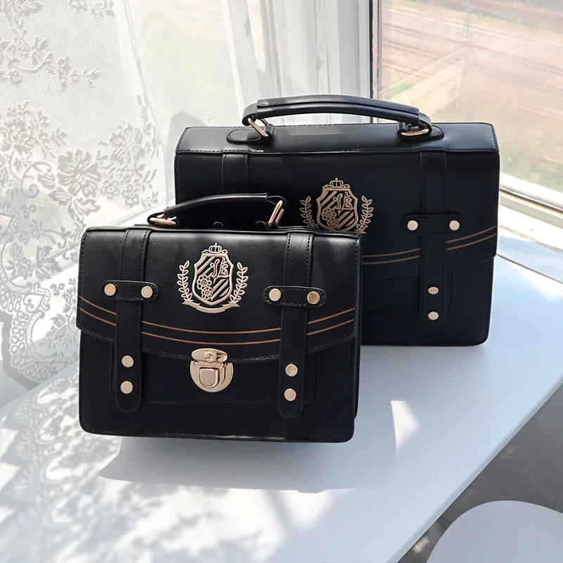 Retro Vintage Student Brown Black Leather Golden Button Crest Academia School College Briefcase Bag - Image 5