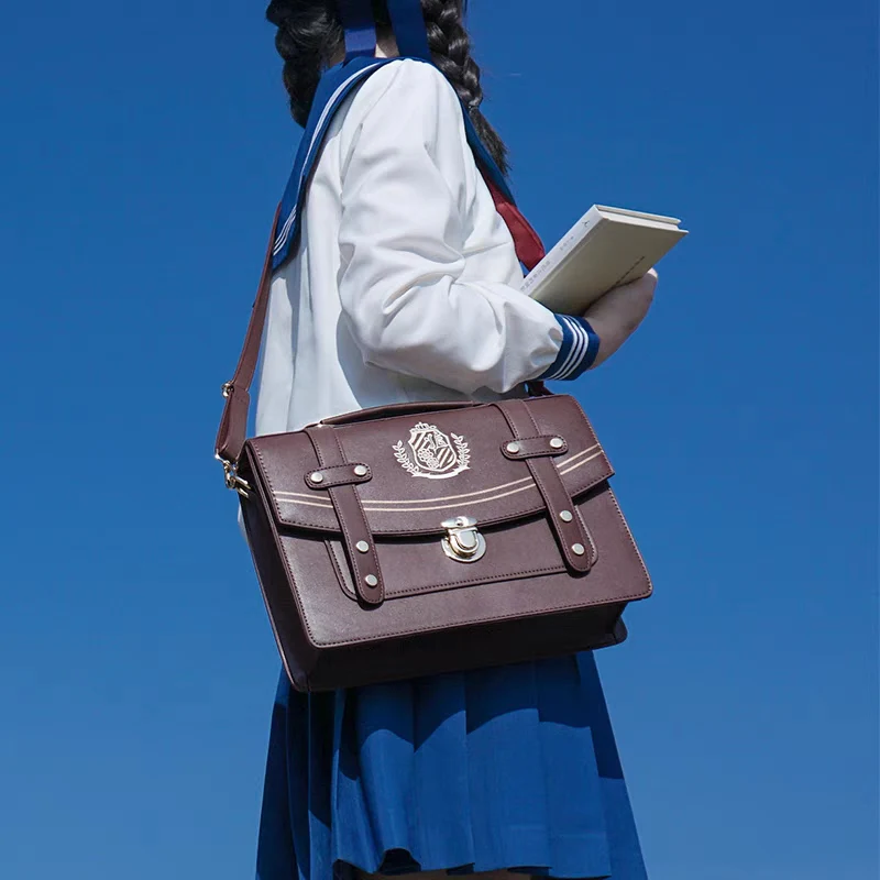 Retro Vintage Student Brown Black Leather Golden Button Crest Academia School College Briefcase Bag - Image 6