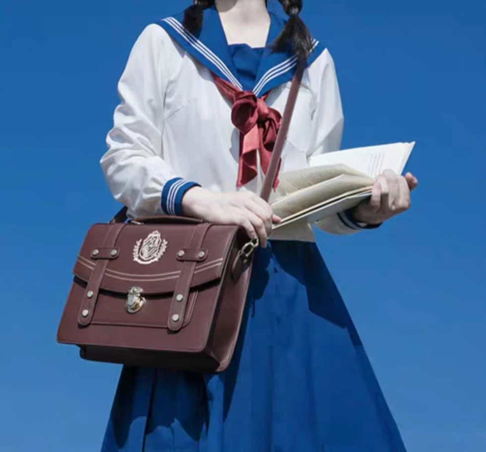 Retro Vintage Student Brown Black Leather Golden Button Crest Academia School College Briefcase Bag - Image 7