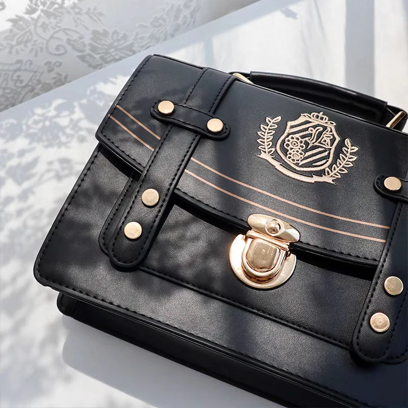 Retro Vintage Student Brown Black Leather Golden Button Crest Academia School College Briefcase Bag - Image 8