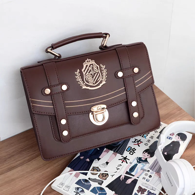 Retro Vintage Student Brown Black Leather Golden Button Crest Academia School College Briefcase Bag - Image 9