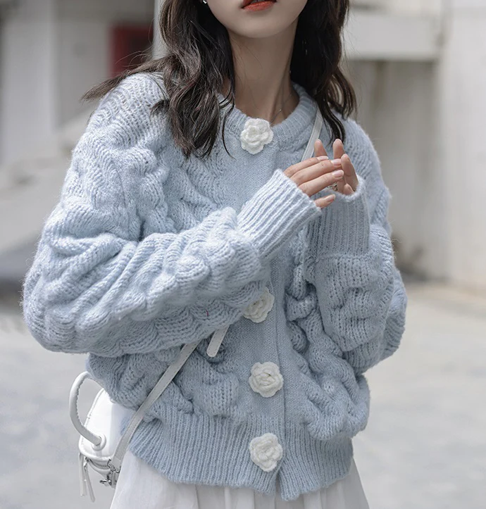 Rose Button Knit Pink Cream Blue Sweater Cardigan