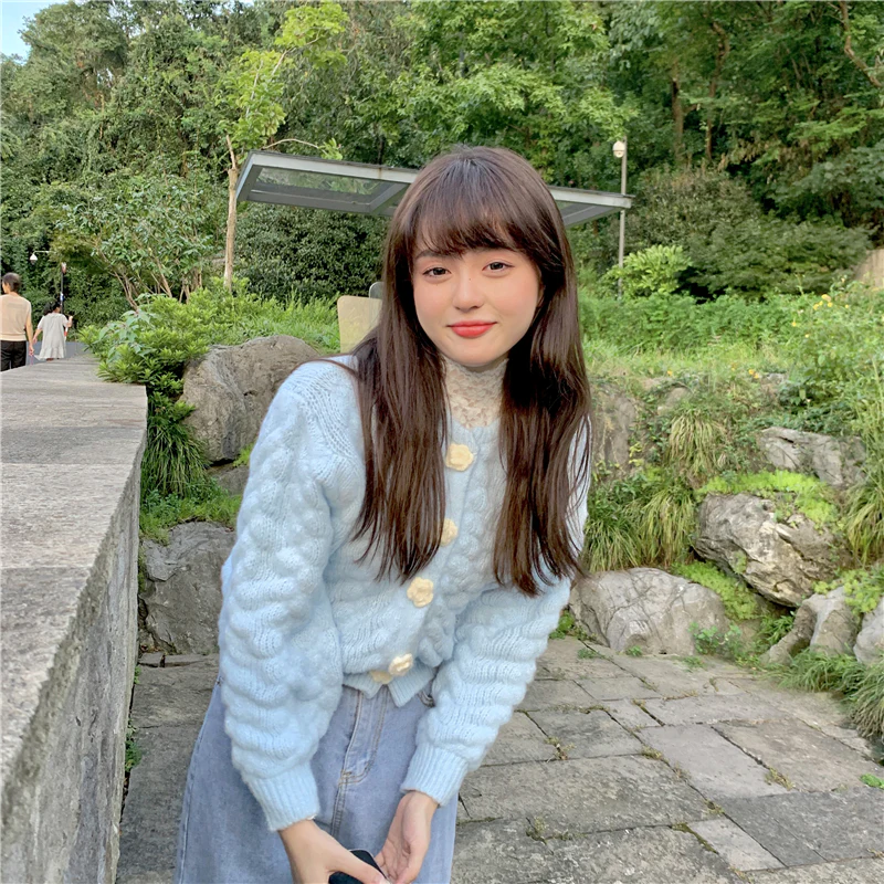 Rose Button Knit Pink Cream Blue Sweater Cardigan - Image 4