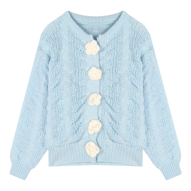 Rose Button Knit Pink Cream Blue Sweater Cardigan - Image 5