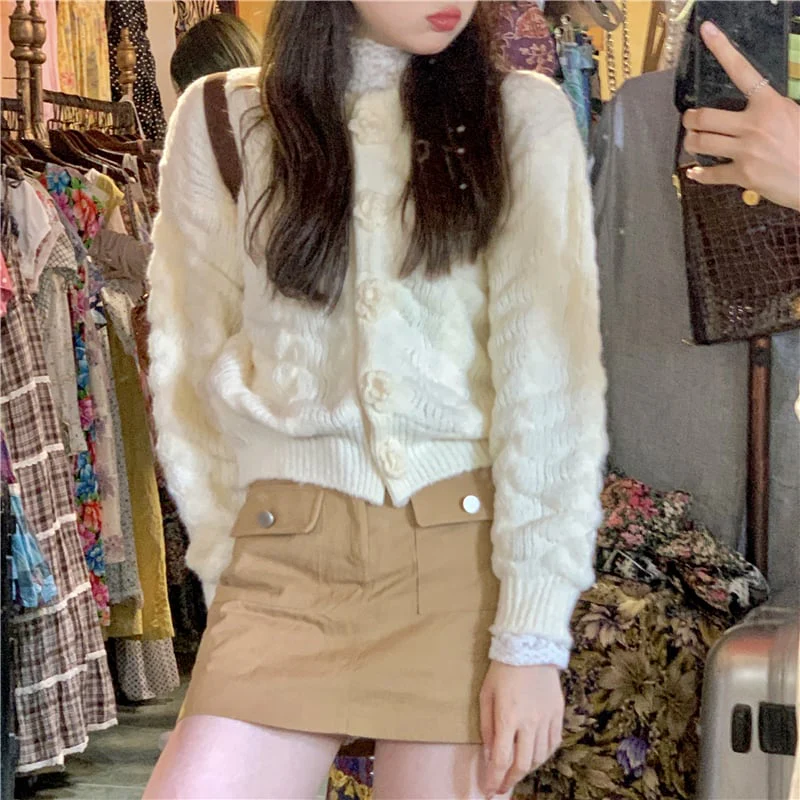 Rose Button Knit Pink Cream Blue Sweater Cardigan - Image 6