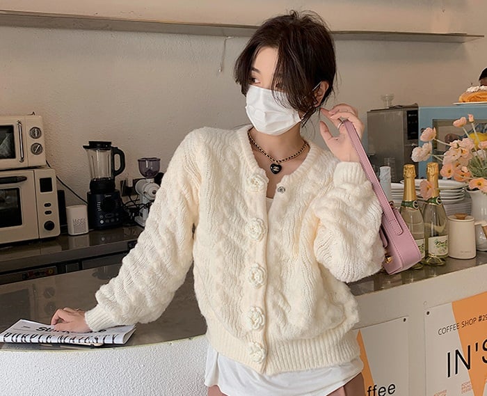 Rose Button Knit Pink Cream Blue Sweater Cardigan - Image 7