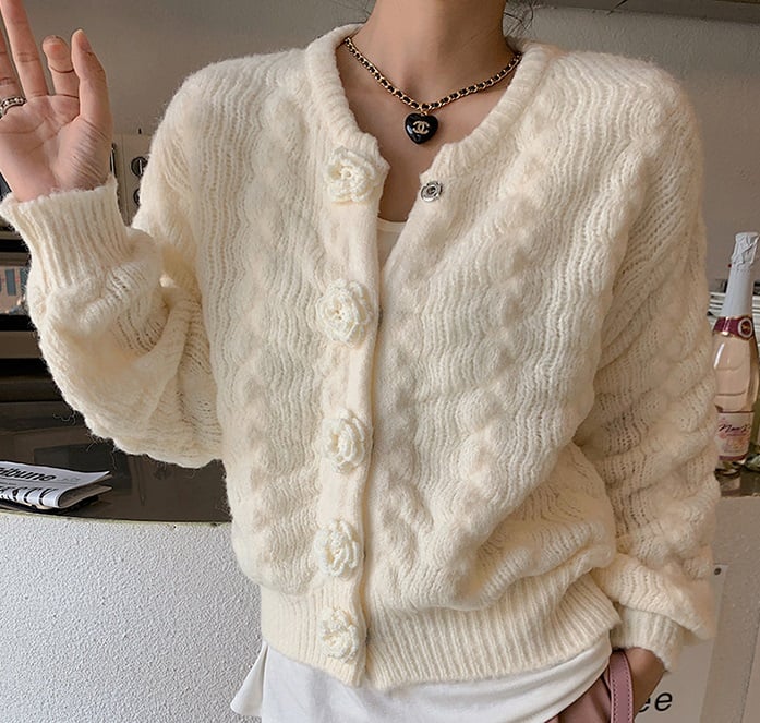 Rose Button Knit Pink Cream Blue Sweater Cardigan - Image 8