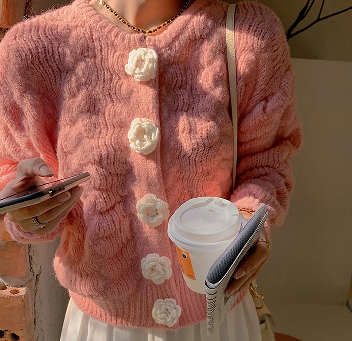 Rose Button Knit Pink Cream Blue Sweater Cardigan - Image 9