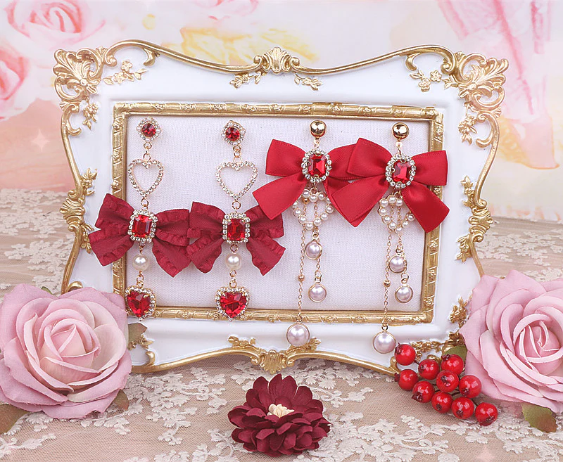 Ruby Gem Heart Love Burgundy Scarlet Red Bow Earrings - Image 3