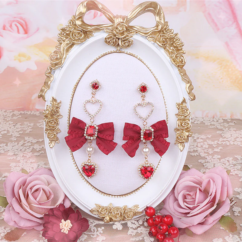 Ruby Gem Pearl Jewelry Diamond Classic Burgundy Scarlet Red Bow Earrings - Image 3