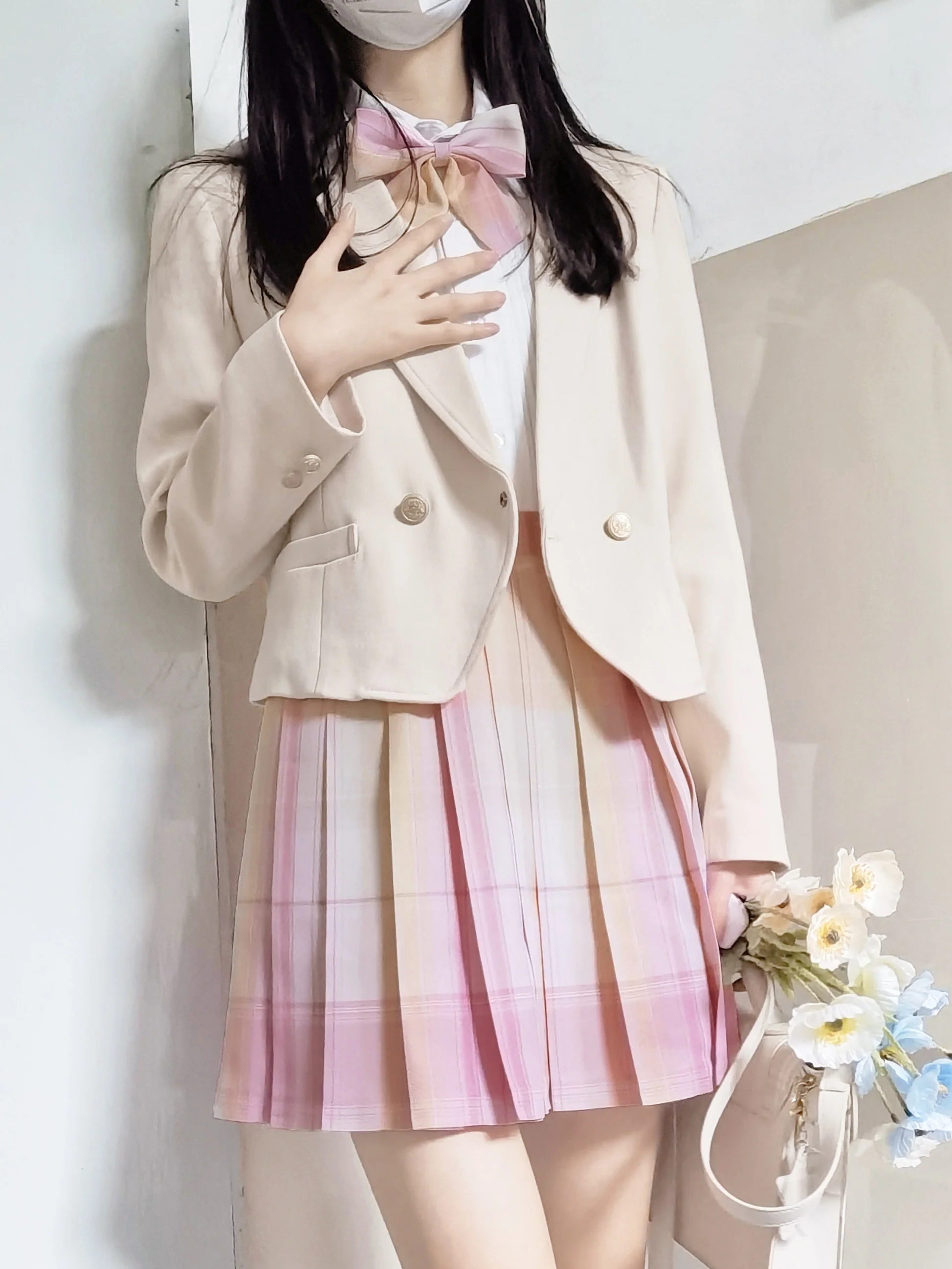 Sakura Cherry Blossoms Seifuku Plaid Pink Blue Gradient Short Mini Skirt - Image 9